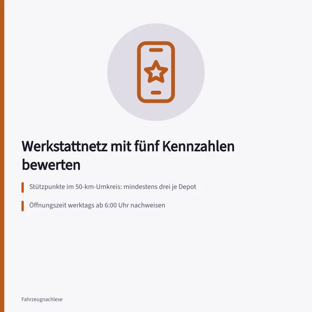 Werkstattnetz-Bewertung mit fünf Kennzahlen und Zielwerten. Werkstattnetz und Servicezeiten bewerten