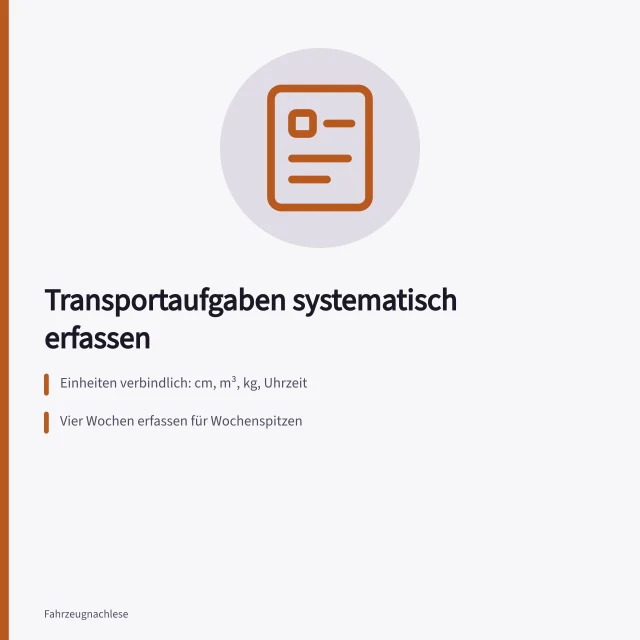 Erfassungsblatt für Transportaufgaben mit Spalten für Güterart, Maße, Gewicht und Zeitfenster. Wie erfasse ich Transportaufgaben für den Transporter systematisch?